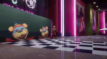 a cartoon character is standing in a room with a checkered floor and a wall .