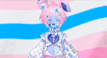 a cartoon character with a heart in her chest is standing in front of a pink and blue flag .