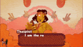 a cartoon character named thespius says i am the ro in front of a rainbow