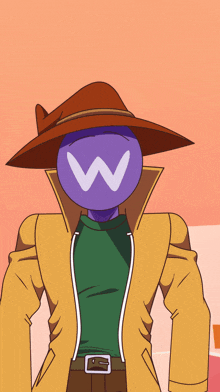 a cartoon character wearing a hat and a purple ball with a white w on it