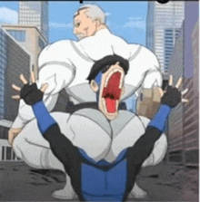 a cartoon of a man in a superhero costume kneeling down next to another man .