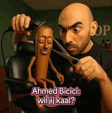 a bald man is cutting a sausage with scissors in a barber chair .