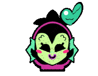 a cartoon drawing of a girl with a green face and a pink headband