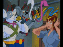 a cartoon of a woman wearing a party hat standing next to two mice