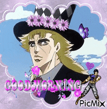 a picture of a man wearing a hat with purple flowers and the words good morning