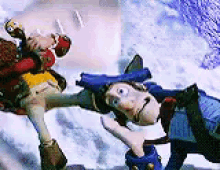 two cartoon characters are playing in the snow .