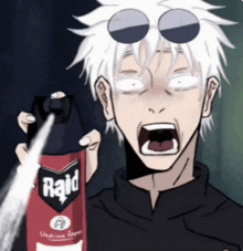 a cartoon character is holding a bottle of raid bug spray