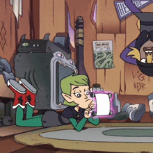 a cartoon drawing of a girl laying on the floor with a sign above her that says the