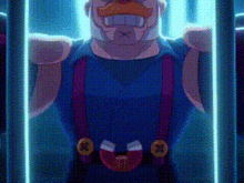 a cartoon character with a mustache and suspenders is standing in a cage in a room .