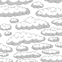 a pattern of clouds on a white background with a blue circle in the middle