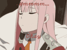 a girl with pink hair is laying on a bed with the words " okay " written above her