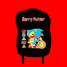 a black backpack with harry potter obama and sonic the hedgehog on it