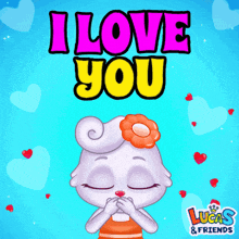 a cartoon rabbit with a flower in her hair is surrounded by hearts and the words " i love you "
