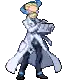 a pixel art of a man in a blue and white coat holding a sword .