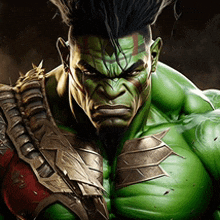 a close up of the face of a green hulk with a beard