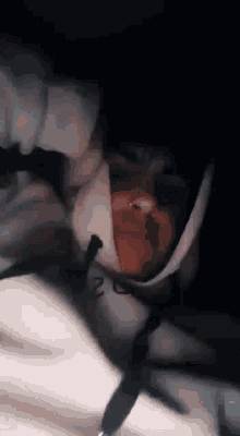 a person wearing a white hoodie and a nose ring is laying down in a dark room .