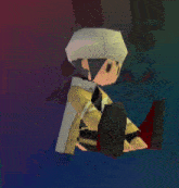a cartoon character with a white hat and a yellow coat is standing in a dark room .