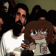 a man with a beard is holding a drawing of a girl eating noodles