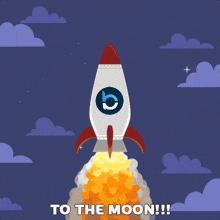 an illustration of a rocket taking off with the words to the moon written below it