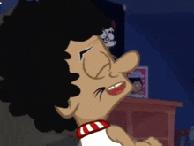 a cartoon character with a red and white scarf around his neck has a book on the counter behind him