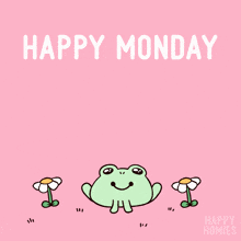 a happy monday card with a frog and two flowers