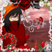 a picture of a girl surrounded by roses and candy canes with the words picmix at the bottom