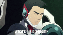 a man with a helmet on has the words what 's his problem below him