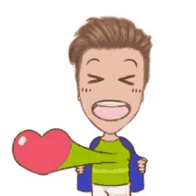 a cartoon boy is holding a heart in his hand .