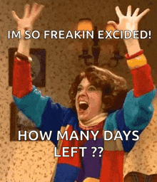 a woman in a colorful sweater is screaming with her arms in the air and the words im so freakin excited