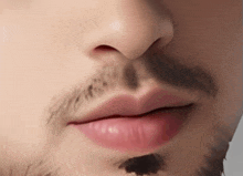 a close up of a man with a beard and pink lips .