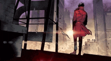 a man in a red coat is standing on top of a building looking out over a city