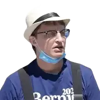 a man wearing a hat and glasses is wearing a blue shirt that says bernie 202