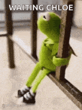 kermit the frog is sitting on a railing holding onto a railing and waiting for chloe .