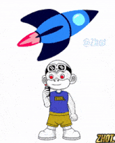 a cartoon of a monkey wearing a zhot shirt with a rocket in the background