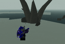 a video game character with a purple shield is standing in front of a large statue