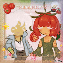 a couple of cartoon characters holding hands with sunnystar 3 written on the top