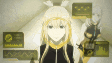 a girl with blonde hair and a yellow headband stands in front of a screen that says ' s ' on it