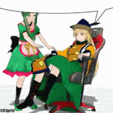 a girl in a green dress is standing next to a girl in a chair with the hashtag $ 1gyn1s