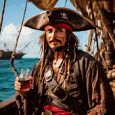 a man in a pirate costume holds a glass of beer