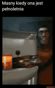 a cartoon of a man standing in front of a refrigerator with the words masny kiedy ona jest petroletnia below him