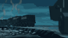 a train with crates that say mrd on them