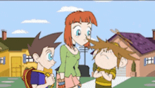 a cartoon of a woman talking to two children