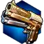 a gold and silver gun is sitting on top of a blue box .