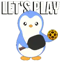 a penguin is holding a paddle and a ball with the words let 's play behind him