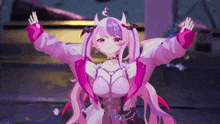 a girl with pink hair and horns is dancing with her arms outstretched in a video game .