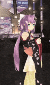 a girl with purple hair and blue eyes is standing in front of a sign that says 2023