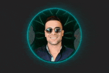 a man wearing sunglasses is surrounded by flames and the words club la barra