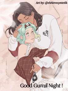 a drawing of a man and a woman with the words good gumil night below them