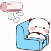 a cartoon panda bear is sitting on a blue couch under an air conditioner .