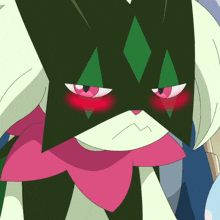 a close up of a cartoon character with red eyes and a black mask